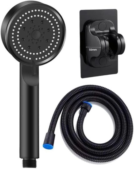 5 Fonksiyonlu Yüksek Basınçlı Duş Başlığı Yapışkanlı Mafsal Hortum Duş Seti, Siyah, 150 cm (Black)
