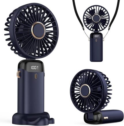 Taşınabilir USB Vantilatör, 4200mAh Şarjlı El Tipi Fan, LED Ekranlı, 3'ü 1 Arada El/Boyun/Masa Fanı, Yaz, Ofis, Seyahat için, Kadınlar, Kızlar ve Çocuklara Hediye (Lacivert)