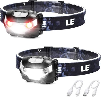 EVER LE Kafa lambası, LED şarj edilebilir, 2'li USB kafa lambası, kırmızı ışık ve 5 ışık modu, IPX4 su geçirmez mini alın lambası, çocuklar yetişkinler için, süper parlak kafa lambası balık tutma, kamp ve koşu için [USB kablosu dahil]
