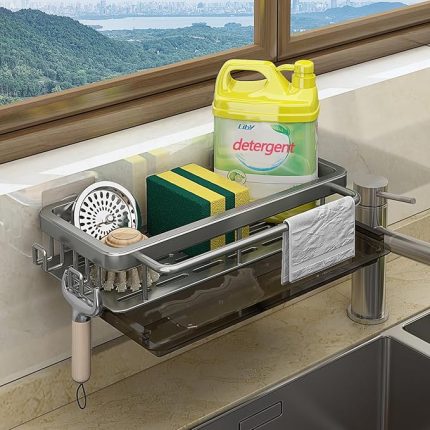 Minimalist Koyu Gri Lavabo Düzenleyici, Tahliye Tavası, Kancalar, Duvara Montaj, Mutfak ve Banyo Aksesuarları Tutucu