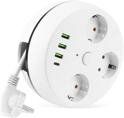 7 in 1, Akım Korumalı Grup Priz, 3'LÜ, Anahtarlı, 3 Usb, 1 Type-c, 1.5 Metre Kablolu, Kablosu Toplanabilir Makaralı, 850 Derece Isıya Dayanıklı