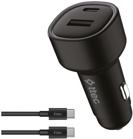 SmartCharger Duo PD 48W Araç Hızlı Şarj Aleti USB-C+USB-A - USB-C-USB-C 3A Kablo Siyah 2CKP02CS