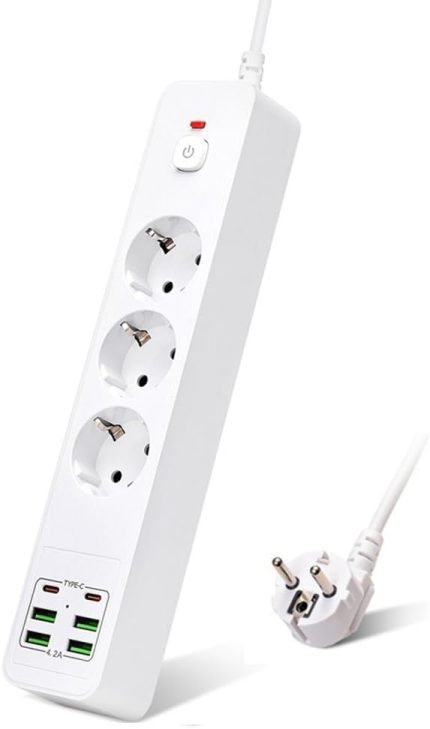 Hızlı Şarj İstasyonu 3000W 3 lü Priz 2 Metre Uzatma Kablosu Çoklu Priz 4 Usb 2 Type C Girişli 18 Watt Pd Şarj On/Off Düğmeli