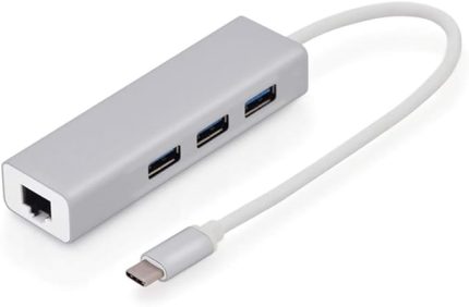 Type C Ethernet 1000Mbps - 1 Gigabit RJ45 adaptör ve 3 USB bağlantı noktası 3.0 Data Hub MacBook Air/Pro iMac Acer Lenovo Asus HP Samsung Huawei ile uyumlu - Gümüş