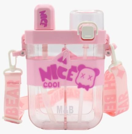 Çift Bölmeli Suluk - Damlatmaz, Ergonomik Pipetli, Taşıma Kayışlı, Kırılmaz, Kolay Açılır Kapağıyla Okul, Ev, Araç ve Seyahat İçin Uygun, Pratik ve Güvenli Su Matarası (Pembe)