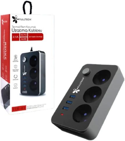 Termal Akım Korumalı 3'lü Priz 3 X Usb Grup Uzatma 2mt Kablo Uzunluğu