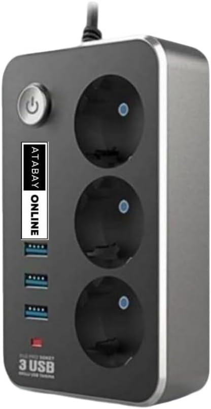 Isıya Dayanıklı Termal Akım Korumalı 2 Mt 10A 2500W 3lü Priz ve 3 Usbi 21A Uzatma Kablosu