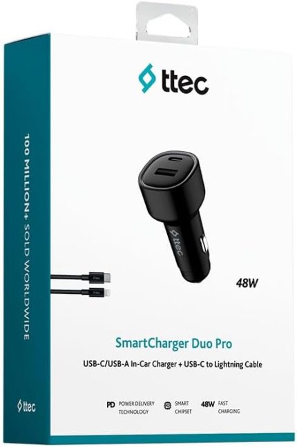 SmartCharger Duo PD 48W Araç Hızlı Şarj Aleti USB-C+USB-A - USB-C-Lightning Kablo Siyah
