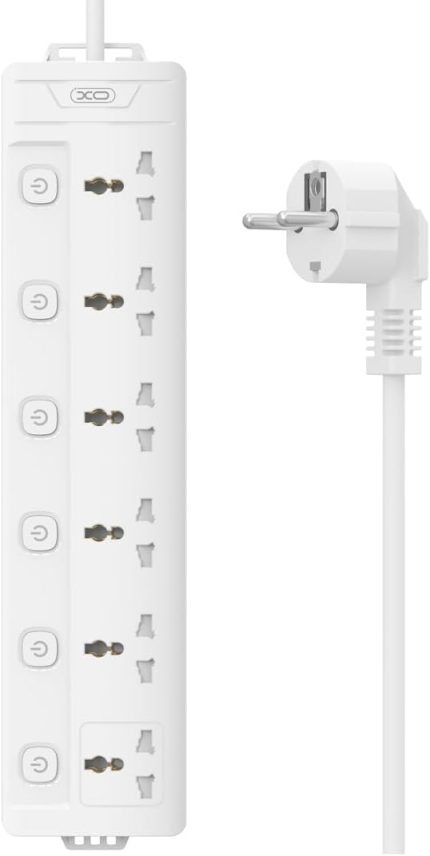 WL18 Akım Korumalı 6'lı Grup Priz, TR Priz Uyumlu, EU/US/UK, 6 Evrensel Priz, 2 Metre Kablo, 2500W, Her Giriş İçin Açma Kapama Anahtarlı, Alev Geciktirici Malzeme, Yüksek Gerilim Koruma, Beyaz