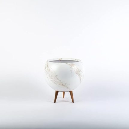 Ovni Büyük Boy Ahşap Ayaklı Gold Mermer Desenli Beyaz Tombul Saksı (Beyaz-Gümüş)