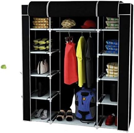 Yandan Raflı Sert Plastik PVC Profilli Bez Dolap | Gardırop/Gardolap | Taşınabilir Portatif Hafif Dolap (Siyah)