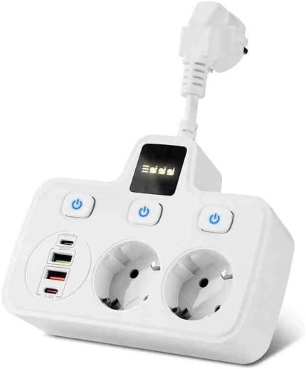 Akım Korumalı 2x USB ve 2x Type-C Portlu 3 Anahtarlı İkili Priz Hızlı Şarj Özellikli Duvar Tipi Kısa Kablolu 2li Priz