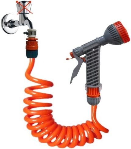 Spiral Bahçe Çiçek Çim Sulama Hortumu Tetikli Süzek Başlık Seti (5 Metre Turuncu)
