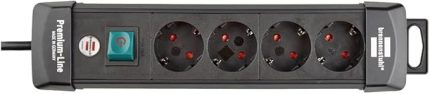 Premium-Line, 4'lü çoklu priz (şalterli ve 1,8 m kablolu priz - topraklı prizlerin 45° açısı, Almanya'da üretilmiştir) siyah