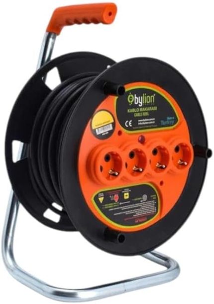 Metre Makaralı Uzatma Kablosu 3x2.5mm TTR – 4 Prizli, IP20, Güç Göstergeli, Dayanıklı Dış Mekan ve İç Mekan Kullanımı için Seyyar Elektrik Kablosu Bylion