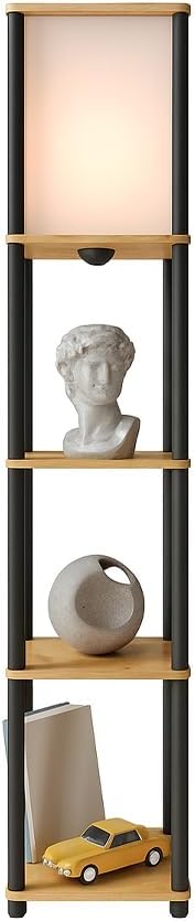 Raflı Lambader Meşe Renkli | Modern 3 Katlı Raflı Ayaklı Aydınlatma Ünitesi | Dekoratif Salon, Yatak Odası, Ofis Lambaderi | E27 Duy Uyumlu Şık Tasarım | Kitaplık ve Işık Bir Arada