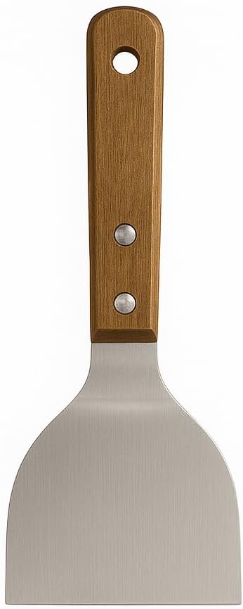 Ahşap Saplı Paslanmaz Çelik Spatula – 24cm Eğilimli Çok Amaçlı Mutfak Spatulası | Izgara, Burger, Sebze, Temizlik için Profesyonel Metal Spatula
