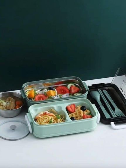 Village Concept Lunch Box, 1400 ml 3 katlı beslenme kutusu, çatal bıçak takımı, yemek kutusu, yemek kutusu, bulaşık makinesinde yıkanabilir, mikrodalga fırına dayanıklı, iş ve okul için, beslenme kutusu (Yeşil)