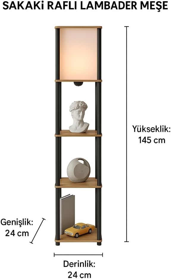 Raflı Lambader Meşe Renkli | Modern 3 Katlı Raflı Ayaklı Aydınlatma Ünitesi | Dekoratif Salon, Yatak Odası, Ofis Lambaderi | E27 Duy Uyumlu Şık Tasarım | Kitaplık ve Işık Bir Arada - Görsel 2