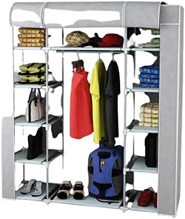 Yandan Raflı Güçlendirilmiş ÇELİK Profilli Bez Dolap | Gardırop/Gardolap | Taşınabilir Portatif Hafif Dolap (Gri)