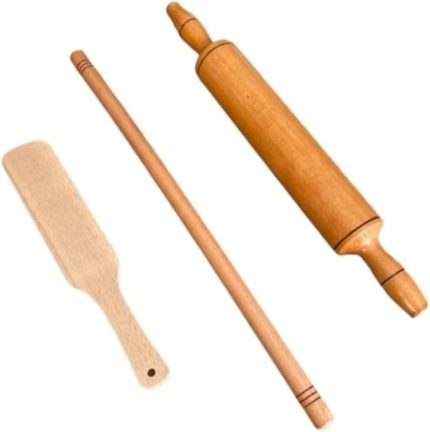 Oklava Merdane Seti, 3 Parça Ahşap Set, Oklava Merdane Ve Çevirgeç, Hamur Işleri Seti