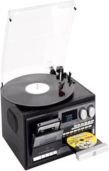 Bir Arada elektrikli Vintage Plak Çalar CD Çalar Kaset USB Bluetooth Tf Aux Kumandalı Pikap, Siyah