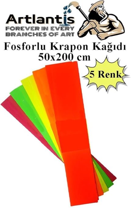 Fosforlu Krapon Kağıdı 5 Renk 50x200 cm 1 Paket Grapon Kağıdı Karışık Renkli 5'li Okul Sınıf Kreş