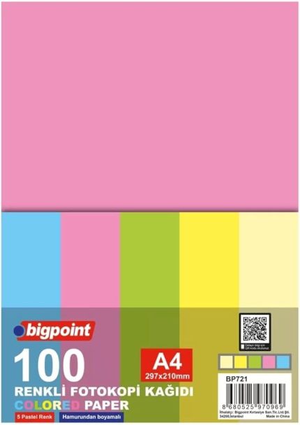 A4 Renkli Fotokopi Kağıdı 5 Pastel Renk 100'lü Paket