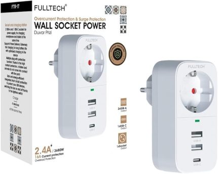 Korumalı Priz, Tekli Duvar Prizi, 3680W Güç, 16A Akım ve Kısa Devre Koruması, 1x Priz Girişi, 2x Usb Girişi, 1x Type-C Girişi, Kablusuz Ergonomik Tasarım, Isıya Dayanıklı Yapı