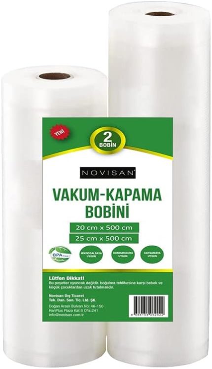 Metre (1 Adet 20cm X 5 Metre ve 1 Adet 25cm X 5 Metre ) Gofrajlı Tırtıklı Rulo Vakum Poşeti 2'li Bobin Vakumlama folyosu, vakumlu rulo, folyo rulosu, BPA içermez, tüm vakumlama makineleri için, yırtılmaz, kaynatılabilir, tekrar kullanılabilir, vakumlu torba, 2 rulo