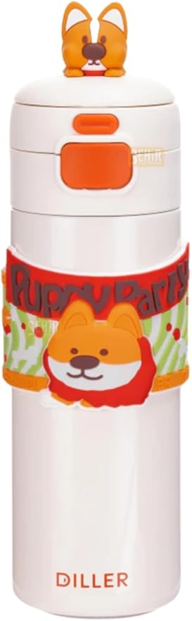 Diller 480ml Sevimli Hayvanlar Süslü Pipetli/Pipetsiz El Askılı Paslanmaz Çelik Termos (Puppy Party)