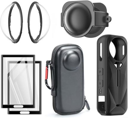 360 X5 Kamera için Koruyucu Set - Sert Kılıf + Silikon Kapak + Lens Koruması + Ekran Koruyucu + Saklama Çantası - Tam Çizilmez Koruma