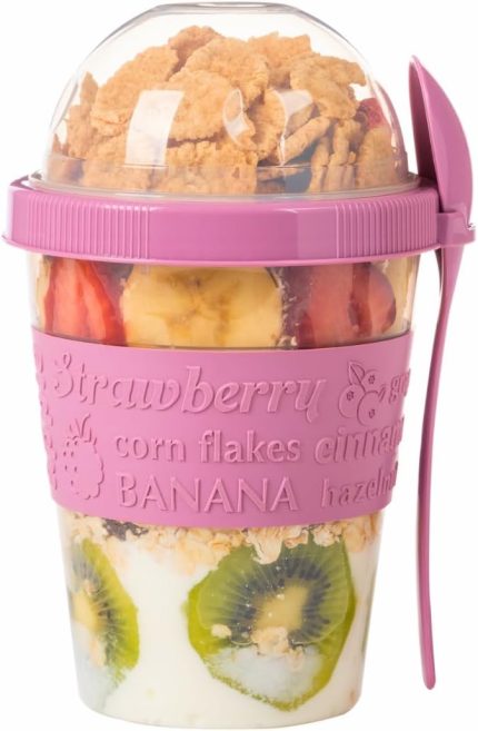 Take and Go Kaşıklı Hazneli Meyveli Yoğurt Kabı Piknik Iş Atıştırmalık Diyet Müsli Granola Süt Bardağı (Pembe)