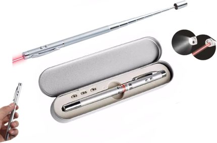 Kutulu Kırmızı Lazerli, Led Işıklı Mıknatıslı Pointer Kalemi İşaretçi Uzayabilen Sunum Çubuğu Teleskopik Metal Tükenmez Kalem (PRS-1521G)