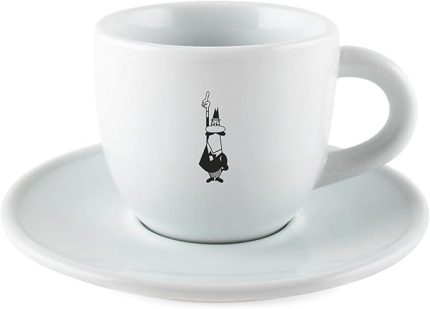 - Moka Kahve Fincanı ve Tabağı - 80mL - Bialetti İkonik Bıyıklı Adam Desenli - Porselen