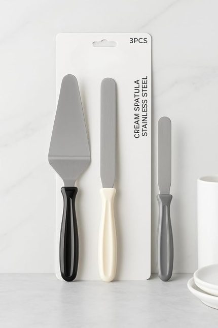 Pasta Spatula Seti, Paslanmaz Çelik, Siyah-Beyaz-Gri Saplı, Krem Sürme ve Dekorasyon İçin