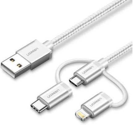 3'ü 1 Arada iOS Lightning Type-C Micro USB Şarj ve Data Kablosu Gümüş 1 Metre