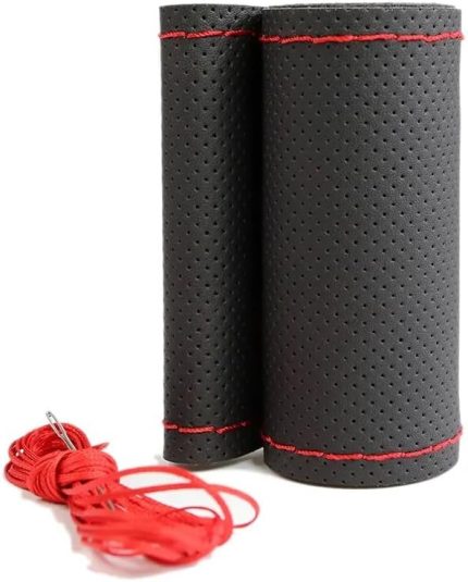 Deri Dikme Direksiyon Kılıfı, Siyah Mavi Kırmızı İp Renk Seçeneği, Dikişli Deri, Universal Boyutu, Kırmızı Dikişli