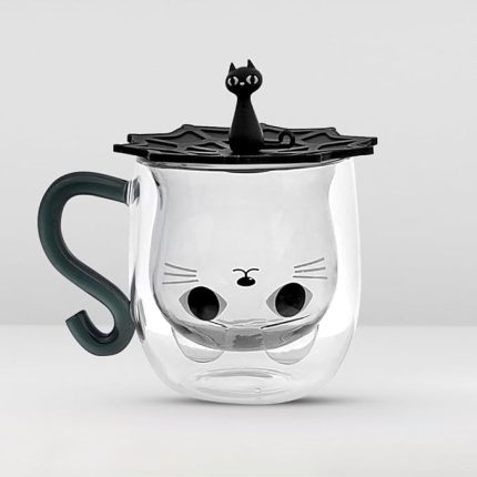 çift duvarlı kapaklı cam kedi kupası - sıcak ve soğuk içecekler için kedi motifli içme bardağı, 300 ml kapasiteli