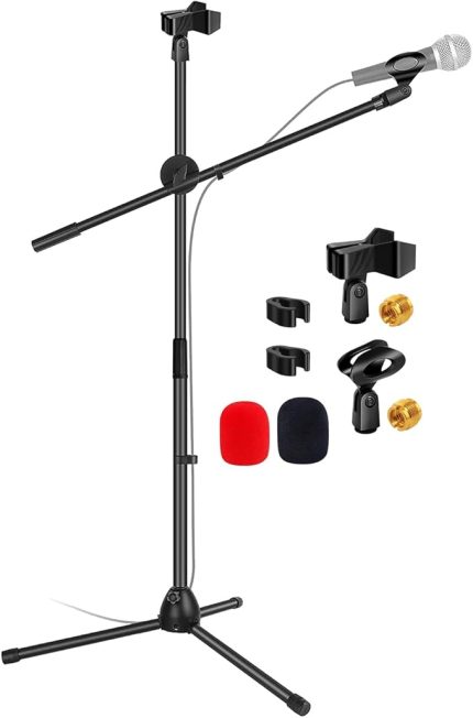 Core Mikrofon Standı Zemin Evrensel Yüksekliği Ayarlanabilir Tripod Mikrofon Standları 2 Mikrofon Tutar w Uzayan Teleskopik Bom Kolu Katlanabilir Taşınabilir Sahne Üzerinde Stüdyo için Siyah - MS