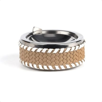 Design · Bej Örgü Deri Yuvarlak Basma Kapaklı Küllük, Açık Mekan Masaüstü Sunumları için Rüzgar Geçirmez Kokusuz Paslanmaz Çelik Kül Tablası