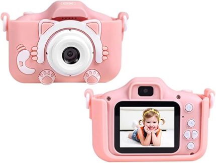 XJ01 Mini Dijital Oyunlu Çocuk Kamerası – Ön/Arka Kamera, 8X Zoom, 1080P Video, Oyunlu, Renkli Çerçeveli, Silikon Koruma (Pembe)