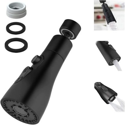 Musluk, yedek duş başlığı, 360° döndürülebilir, 3 mod, döndürülebilir musluk, başlık, mutfak armatürü, adaptörlü, FM22 mutfak armatürü, püskürtme başlığı (siyah)