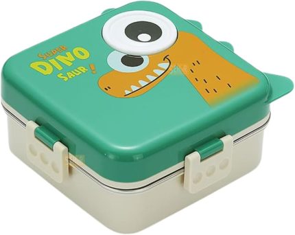 Bento 1120ml Lunchbox Dinozor Desenli Tek Katlı 3 Bölmeli Paslanmaz Çelik Sefer Tası Yemek Kutusu (Yeşil)