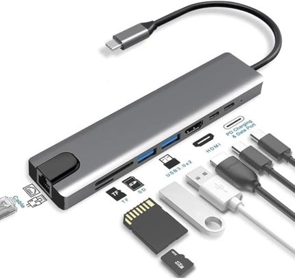 Pro Air İçin USB Type-C Hub Dönüştürücü 8 in 1 Çoklayıcı - HDMI, 2 Adet USB 3.0, 2 Adet USB C, SD/MicroSD, Ethernet - Çevirici 8li Port USB C Adaptör Bağlantı Noktası Ara Kablo