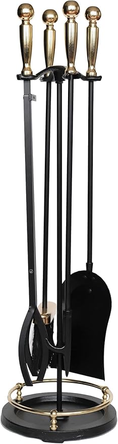 5 Li Premium İthal Döküm Gold Başlıklı Yuvarlak Şömine-Soba Maşa Takımı Aksesuar Seti SAY015