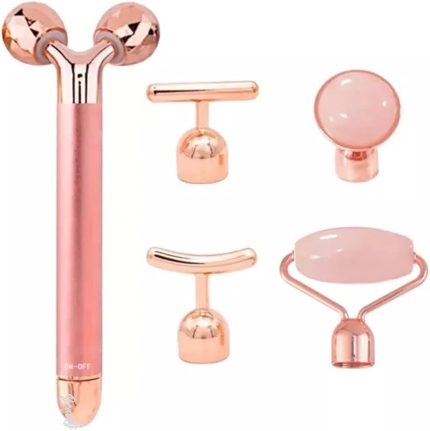 Vogue 3D Yüz Masaj Silindiri, 5 Başlıklı, Rose Quartz Titreşimli Cilt Bakım Cihazı, Profesyonel
