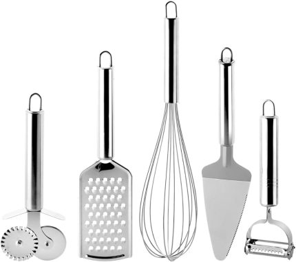 Paslanmaz Çelik 5’li Mutfak Seti, Paslanmaz Çelik Rende, Çırpıcı, Soyucu, Servis ve Hamur Kesici