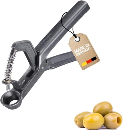 Olivus Black Edition zeytin çekirdeği makinesi, küçük ve büyük zeytinler için, pratik tek elle kullanılabilir, yaylı cihaz, antrasit