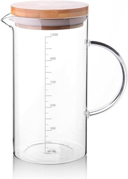1000ml Bambu Kapaklı Cam Ölçü Kabı – Dayanıklı ve Şeffaf Sıvı & Kuru Malzeme Ölçme Kabı | Mutfak İçin Hassas Ölçüm ve Saklama Çözümü 1000ml - Cam Sürahi Ölçü Kabı